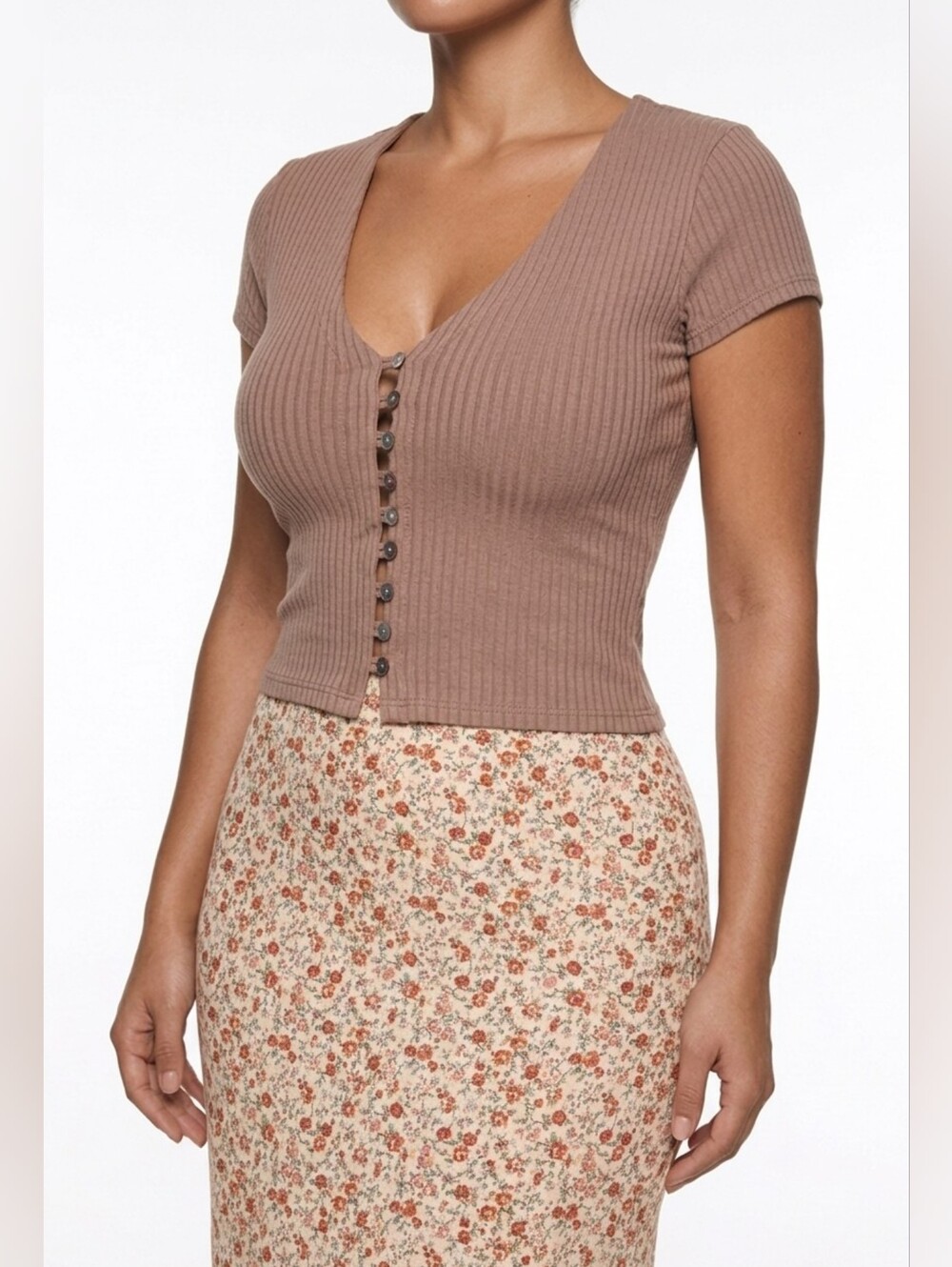 Reformation Ribbed Button-Front V-Neck Top in Taupe